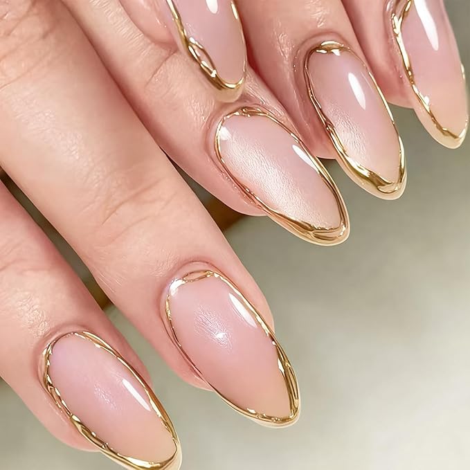 Almond Press On Nails Short Fake Nails Gold False Nails Press ons with Golden Edge Wrap Design Glossy Acrylic Full Cover Luxury Stick on Nails for Women Girls Daily Manicure 30Pcs