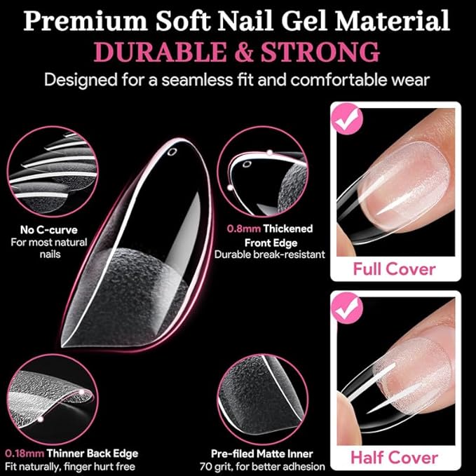 Medium Oval Fake Nail Tips - 15 Sizes 240 PCS Clear Half Matte Press On False Nail Tips Pre-shaped Soft Full Cover Gel Nail Tips Extensions Thick Long Lasting for DIY Beginners& Salon Manicure