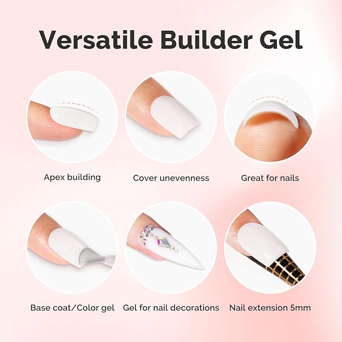 MelodySusie Milky White Builder Nail Base Gel for Nails Thickening, Soak Off UV Extension Gel, Rhinestone Nail Glue for Nail Art Design Salon DIY Manicure at Home Gift for Women-001