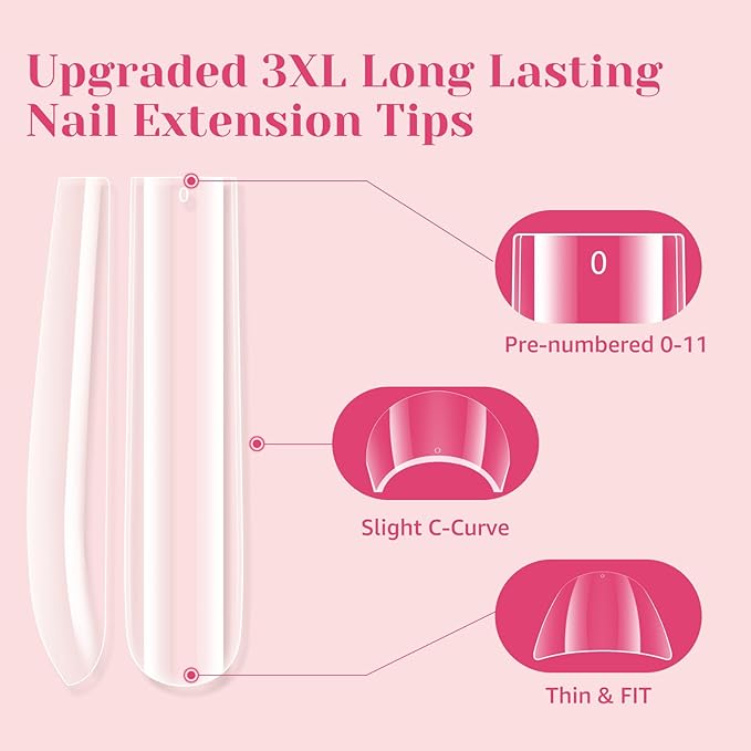 Clear Long Square Nail Tips: XXXL Extra Long Straight Tips Square for Acrylic Nails - Full Cover C Curve Acrylic Gel Nail Tips for Salon DIY Home Salon 240Pcs 12 Sizes
