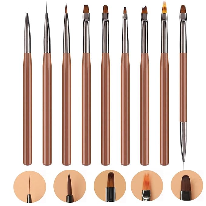 9Pcs Nail Art Brushes Nail Art Tool Set Striping for Long Lines Nail Drawing Pen For Nail Design Brushes for Gel Polish Clean Up Brushes 3D Nail Art Decorations for Women Girls DIY Manicure, Brown