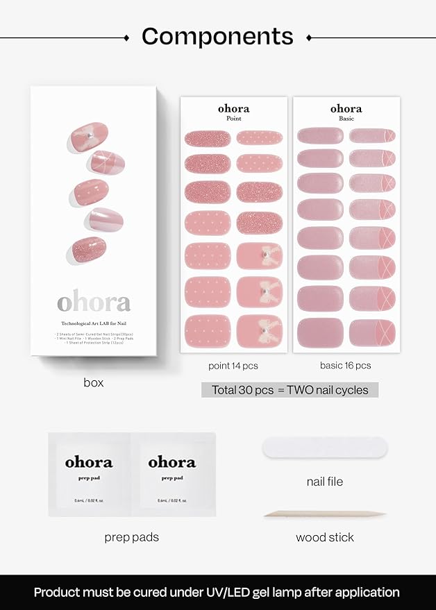 ohora Semi Cured Gel Nail Strips (N Sheer Tutu) - Works with Any Lamps, Salon-Quality, Long Lasting, Easy to Apply & Remove - Includes 2 Prep Pads, Nail File & Wooden Stick