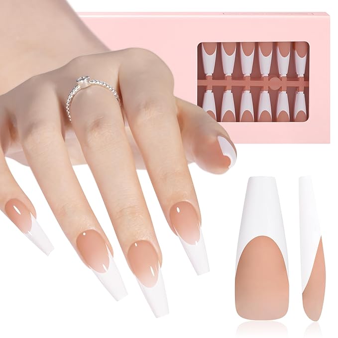 AILLSA French Gel Nail Tips, 180 Pcs French Tip Press On Nails Long Coffin Brown, Pre-Applied Primer & Base Coat, No Need File, Soft Nail Tips, Fake Nails for Nail Art DIY 15 Sizes