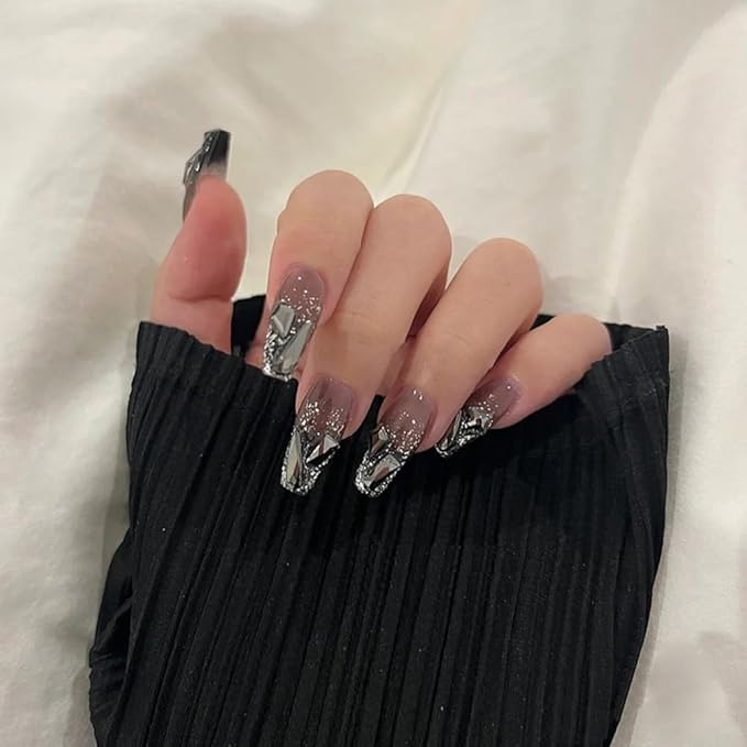 Press-On Nails, Mid-Length Midnight Black False Nails with Silver Diamonds for Fashionable Personalized Temperamental and Girls and Women Fake Nails 24pcs (with Free ToolKit)