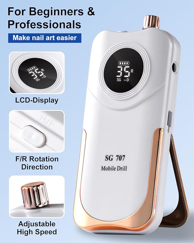 Professional Electric Nail Drill Kit 35000RPM with 14PCS Bits White Portable Rechargeable Cordless File Machine for Acrylic Gel Powder Nails and Manicure Pedicure Toenail Tool Salon Set
