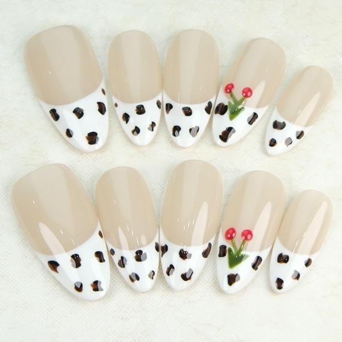 Almond Press On Nails Medium Fake Nails Handmade False Nails Nude Color Nail Charms, Zebra French Tip Acrylic Nail Kit Gel Nails,Reusable Stick on Nails for Women 10pcs M