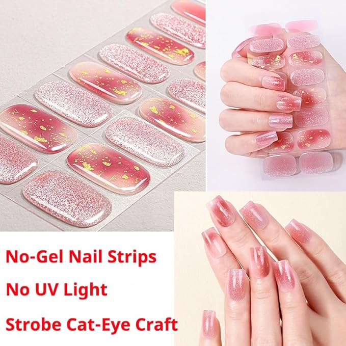 16pcs Gel Nail Strips - Nail Wraps Kit for Women Girls, No UV Light Needed, Natural Looking Manicure Full Cover Fake Nails Short Art Decor(Pink with Golden Specks)