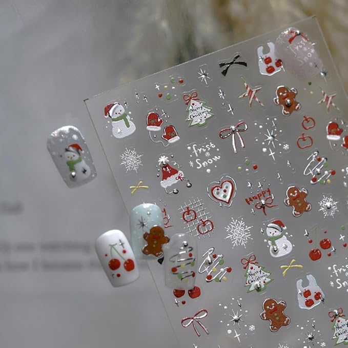 Christmas Nail Stickers 3D Self-Adhesive Santa Claus Snowman Nails Supplies Tree Bow Nails Decals Gingerbread Man Designs 5D Embossed Cute Red Cherry Nails Decoration for Women DIY Manicure 1 Sheet