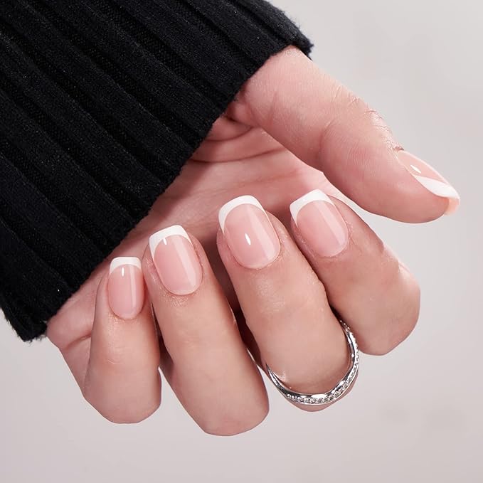 BTArtbox French Tip Press on Nails - Gel Press on Nails Short, No Fade Out Fake Nails with Nail Glue, Seamless Fit Glue on Nails in 16 Sizes Nail Kit for Wedding, Classic White