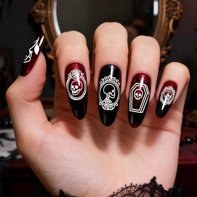 PH PandaHall 3pcs Gothic Skull Nail Stamping Plate Skeleton Picture Frame Nail Art Templates Candles Cobwebs Nails Stamper Kit Horror Butterfly Nails Art Stencils for Women Print Manicures Salon