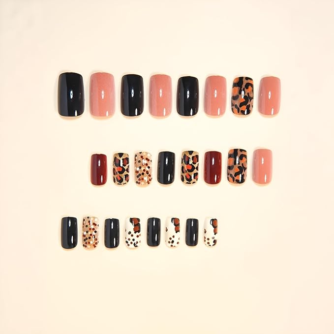 Leopard Print Press on Nails Medium Square Fake Nails Brown Glossy Stick on Nail Glitter Nails Press Ons Fall False Nails Acrylic DIY Glue on Nail for Women and Girls Decoration Set 24Pcs