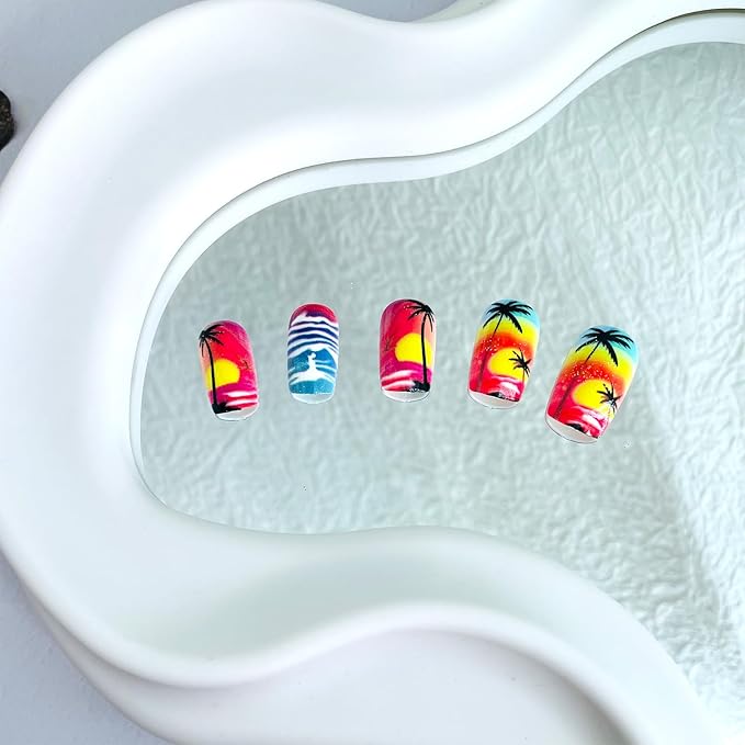 Square Press On Nails Medium Gel False Nails 24Pcs Multicolor Twilight Seaside Acrylic Nails Glossy Stick On Nails for Women Girls
