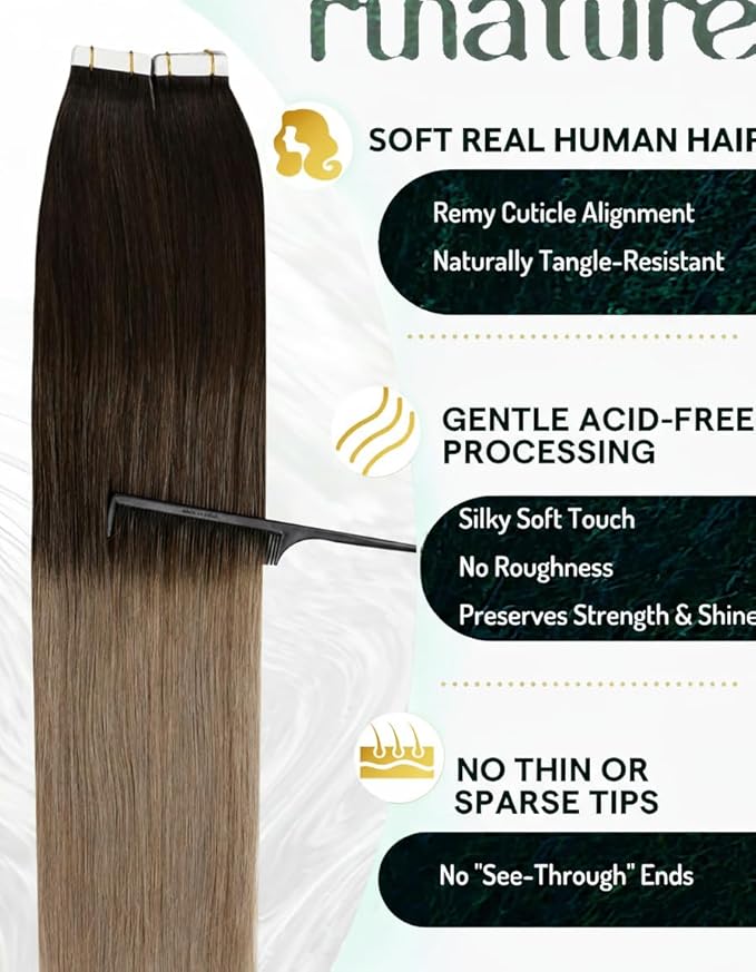 RUNATURE 24 Inch Tape in Hair Extensions Human Hair, Long Straight Hair, Tape in Extensions Dark Brown With Light Brown to Blonde, Remy Soft Hair, Can Be Styled