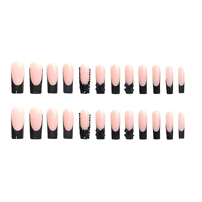 FORBELOVED NAILS,French Tip-Black Glitter Press On Nails,Long Square Glue On Nails,Glossy Full Covered Gems,Black Flower Bow False Nails For Women And Girls,12Sizes-24Pcs with Glue,(Nude-LS),FOB