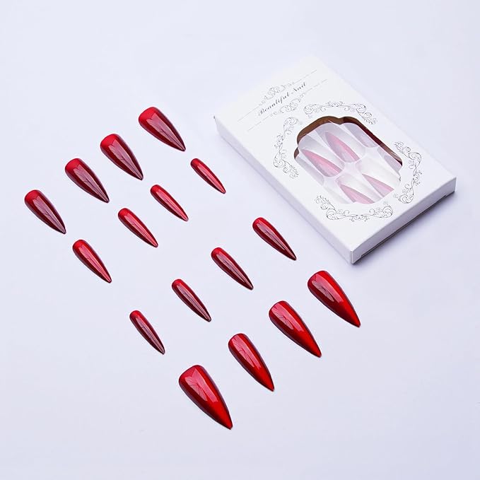 MISUD Press on Nails - Long Stiletto Fake Nails, Acrylic Bling Red Cat Eye Design 24 pcs