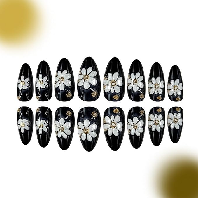 Press on Nails Medium Almond MABKJLF Embossed Fake Nails Cute Daisy False Nails with Designs Gold Foil Black & White Glossy Glue on Nails Acrylic Nails for Women Girls 24Pcs