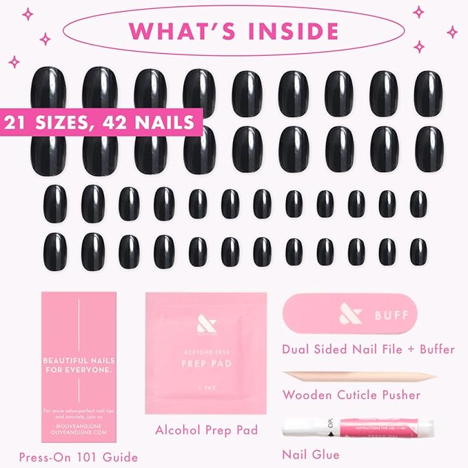 Olive & June Instant Mani Press-On Nails (Glue) | 42 Fake Nails, 21 Sizes | Non-Toxic, Long-Lasting Recycled Materials Realistic Look | Salon-Quality at Home | Short, Round | E+M