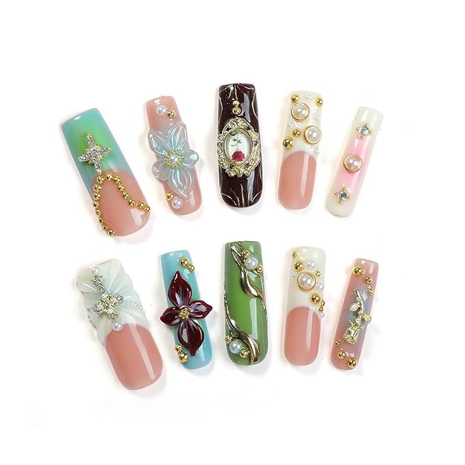 Handmade Press on Nails Long Square Fake Nails Luxury Pearl Rhinestone & 3D Flower Art Designs Salon Quality Acrylic Nails French Tip Gold Rose Steel Ball False Nails Stick on Nail for Women（Size M)