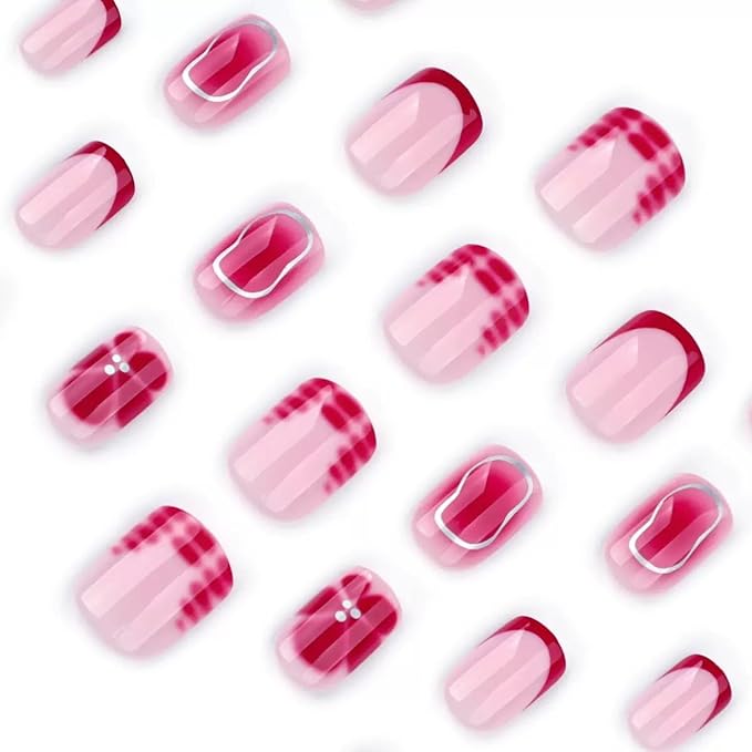 Press on Nails Short - Square Fake Nails with Red Flower Design - French Tip Full Cover Stick on Nails for Women -24 Pcs