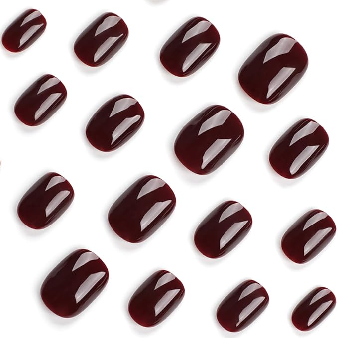 Dark Red Press on Nails Short Squoval Fake Nails Valentines Nails Press ons with Solid Color Design Full Cover Stick on Nails for Women Manicure,Reusable | Glue Tabs | Easy Apply | 24Pcs