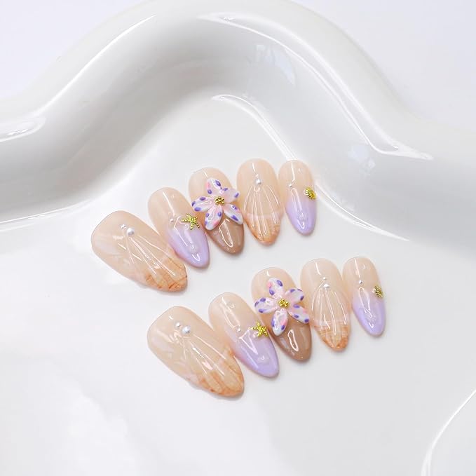 Handmade Press on Nails Purple French Tip Fake Nails with 3D Flower Pearl Starfish Designs Salon Quality False Nail Full Cover Thickened Medium Almond Acrylic Nails Stick on Nail for Women（Size M）