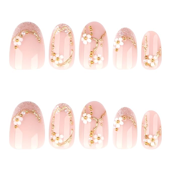 Flower Press on Nails Short Almond Fake Nails Glitter French Tip Nails Press Ons with Gold Line Design Glossy Full Cover Glue on Nail Nude Stick on Nail for Women Decorations Set 24Pcs
