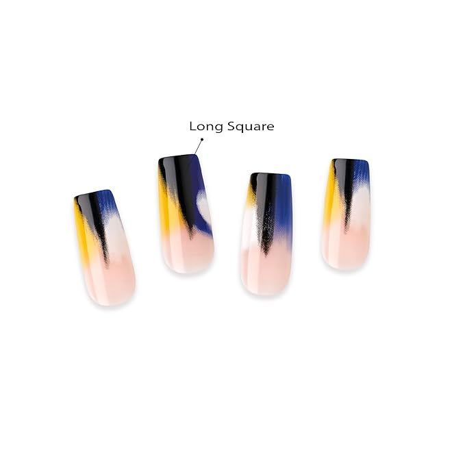 Goldfinger Trendy False Nails Kit, Long Square Design Nail, Bold Neutral Blue Overlay Effect Print, Ready to Wear Gel & Manicure Stick Included, Long-Lasting Convenient & Easy to Apply
