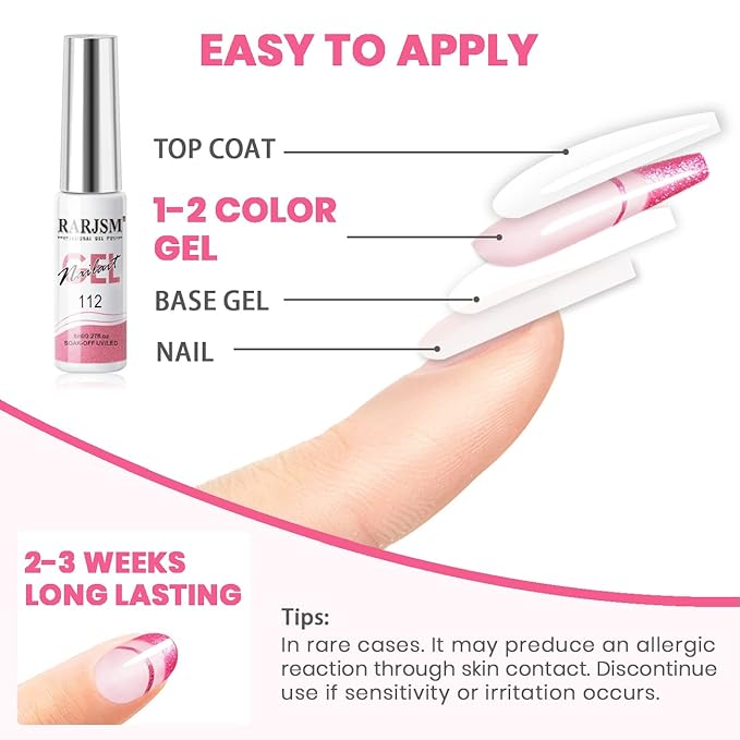 RARJSM Metallic Gel Liner Nail Art Pink,Glitter Painting Gel Nail Polish 2PCS Set,Mirror Chrome Hot Pink Drawing Line Art Gel with Thin Brush Nail Design Line Wire Curing Requires 8ml DIY Manicure