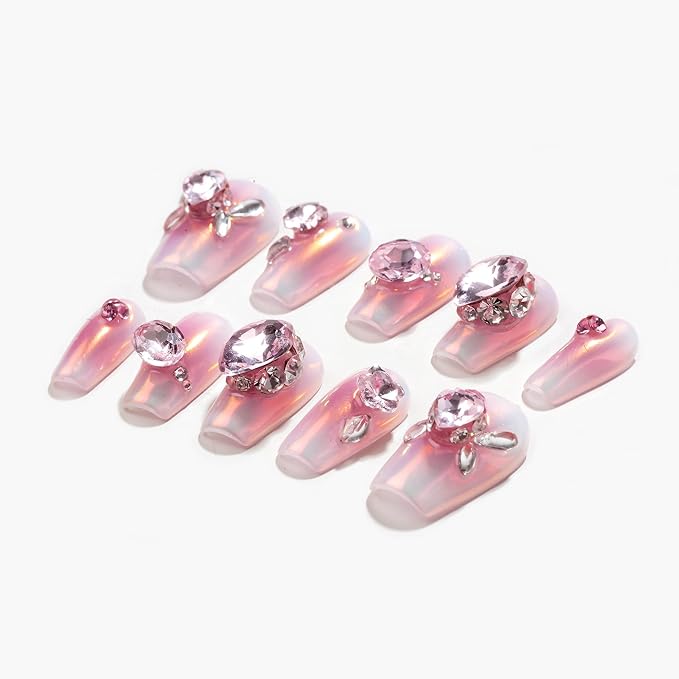 Sun&Beam Nails Handmade Press On Short Coffin Pink Metallic Design Charming Cute False Nail Tips 10 Pcs (#101 S)