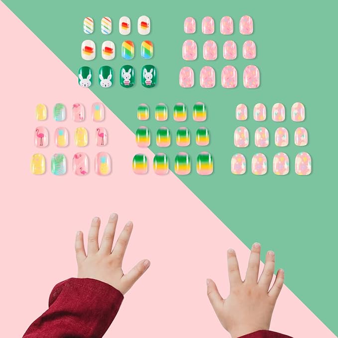 SIUSIO 120 Pcs 5 Pack Children Acrylic Fake Nails Press on Cute Pre-glue Full Cover Glitter Gradient Color Rainbow Short Kids Stick On False Nail Art Kits Set for Kids Little Girls -Colorful Summer