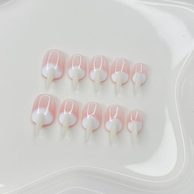 10 Pcs Handmade Press on Nails Medium Curved Stiletto Cat Claw Fake Nails Unique Pink White Designs Thick 3D Cat Claw Nails Press Ons Reusable Glossy Acrylic French Gradient Stick on Nail (S)