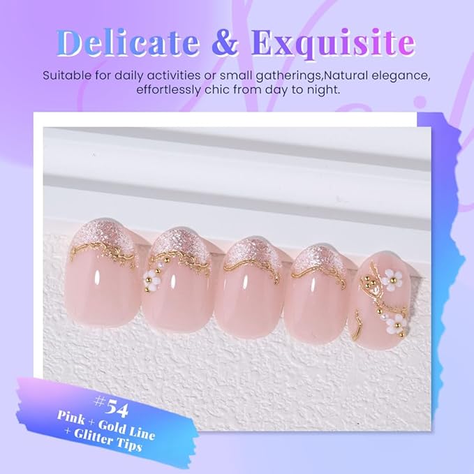 evpct Pink Glitter Press on Nails Short Oval with 3D Gold Line, Glitter French Tip Stick on Nail for Women Gift, Reusable Full Cover Soft Gel Press on Fake Nail with 3D White Flower Gold Design