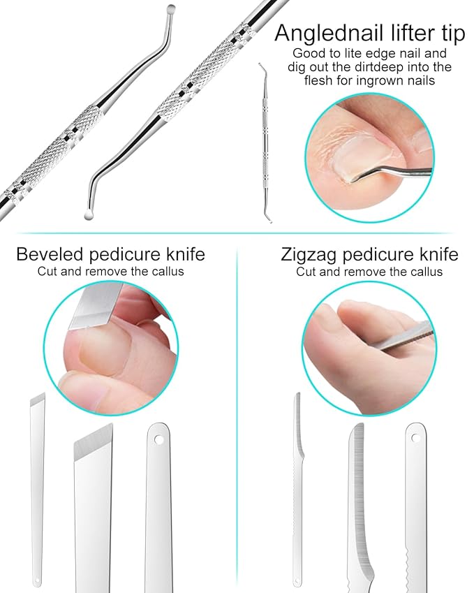 7pc Ingrown Toenail Remover Pedicure Tools Kit, Nail Clippers, File and Lifters Set for In Grown nails Removal, Professional Surgical Stainless Ingrown Toenail Tool Under Nail Cleaner