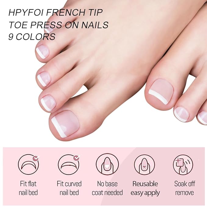 216 Pcs French Tip Press on Toenails for Women Short Square Toe Nail Press ons Reusable Toenail Press ons Artificial Fake Toe Nails Full Cover Stick on Toe Nails for Nail Art Designs