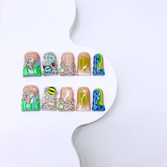 10 Pcs Handmade Duck Press on Nails Short Design 3D Stars Colorful Fake Nails Full Cover Thick French Tip False Nails with Rhinestone Acrylic Reusable Stick on Nails for Women DIY Decoration（Size M）