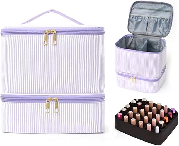 Nail Polish Organizer Aesthetic Nail Organizers and Storage, Bow Nail Supplies Kit Organizer Travel Carrying Case for Manicure Tools (Stripe Purple, 2 Layer)