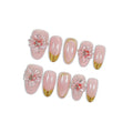 Press on Nails, Medium Oval Fake Nails, Pink Cat Eye Base & Gold French Tips, 3D Cherry Blossoms & Icy Pink Jelly Finish, Reusable Gel Nails Sweet & Elegant Style for Women(Size M)