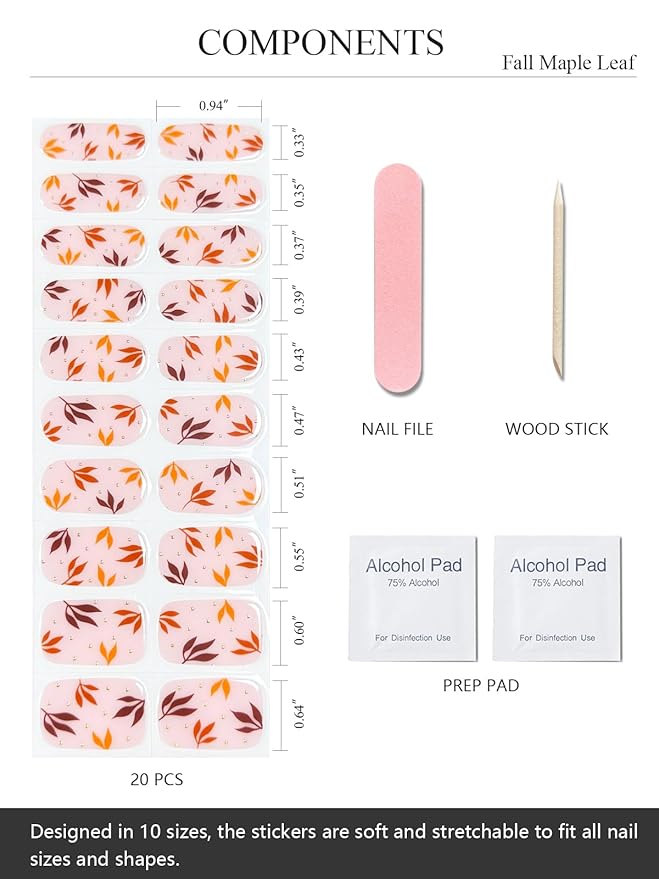 Semi Cured Gel Nail Strips (Fall Maple Leaf), Autumn Brown, 20 Pcs Gel Nail Wraps, Stickers, UV Light Required, Salon Quality, Long Lasting