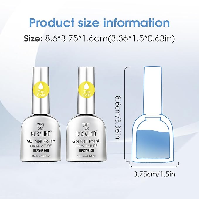 ROSALIND Clear Gel Top Coat, 2Pcs 11ml No Wipe Top Coat Gel Nail Polish Long-Lasting High Glassy Shiny,Need U V/LED Lamp for Home DIY Gift