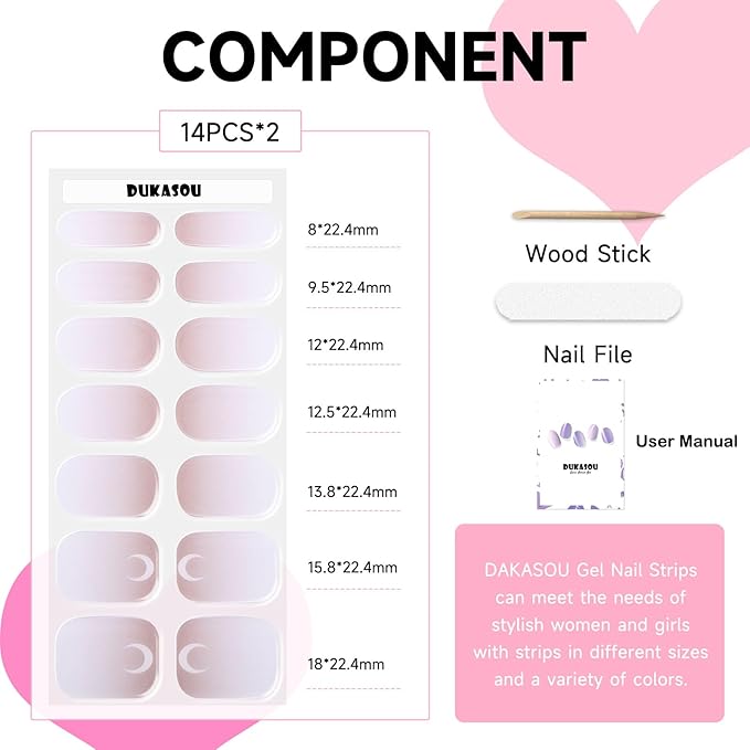 Semi Cured Gel Nail Strips, 28 pcs Gel Nail Stickers Work with Any UV Lights, Long-Lasting Nail Wraps, Stick on Nails for women Easy to Apply & Remove