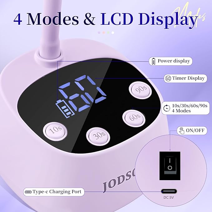 JODSONE Rechargeable Fast Curing U V Nail Lamp -Cordless Portable and Flexible Gooseneck for Gel Polish, Auto Sensor & 4 Timers Lavender Purple