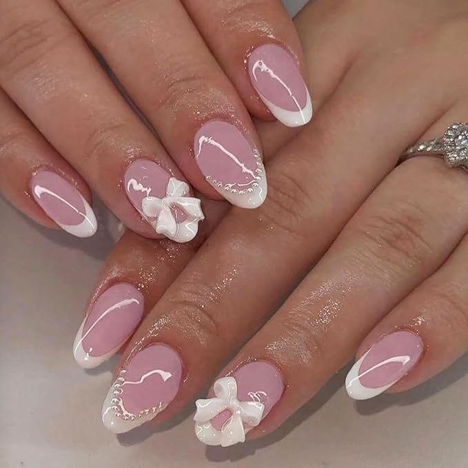 24 Pcs French Tip Press On Nails - Short Almond Bow Fake Nails with Pearl Designs - White French Tip False Nails - Reusable Artificial Nails for Women & Girls
