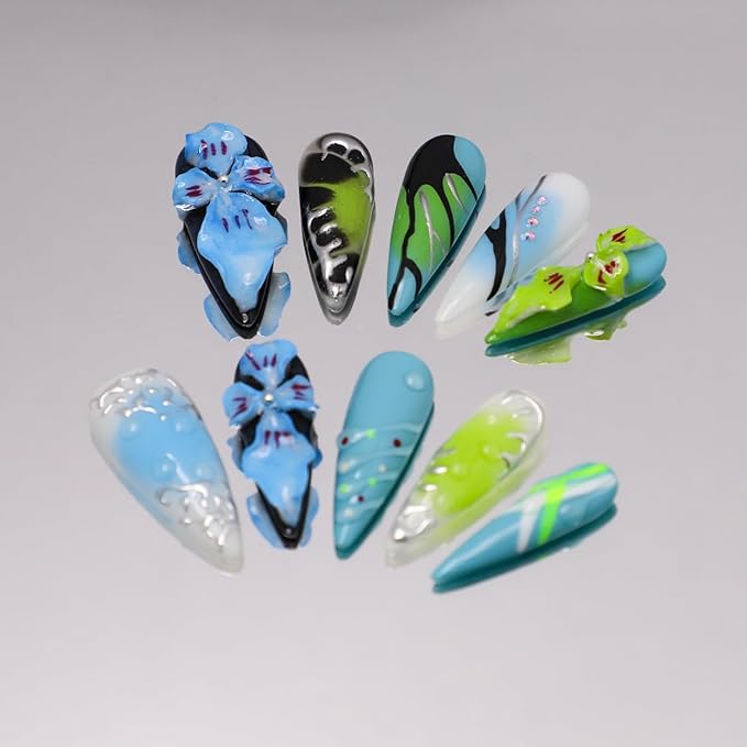 Thick Press on Nails Handmade Nails Long Almond Fake Nails with Glue,Blue Tropical Flower Art False Nails with Water Droplet Pattern Designs Reusable Nature Stick on Nail for Wome (Size M)