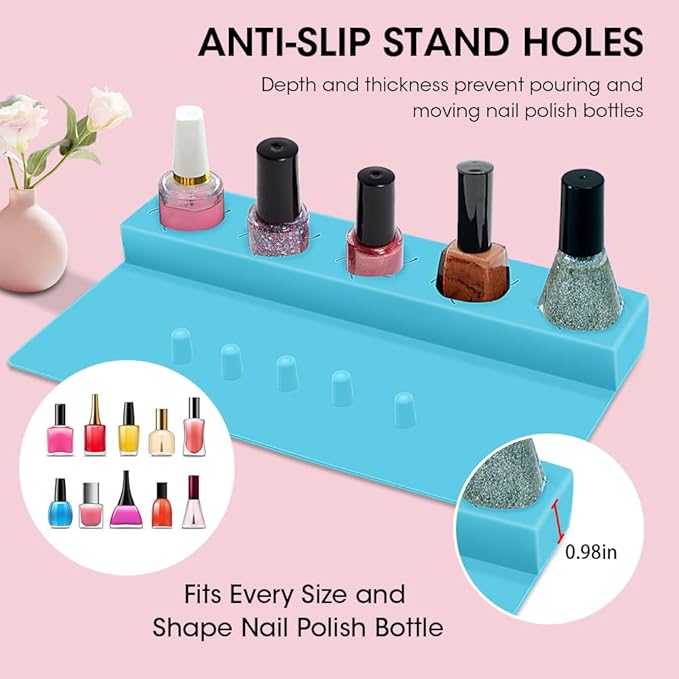 Nail Polish Holder,Silicone Hand Rest Mat Fingernail Painting Tools 2 in 1 Art Accessories Organizer Case Set with Anti-Spill Bottle Stand and Finger Separators for Pedicure Manicure(Blue)