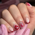 Press on Nails Short - Square Fake Nails with Red Flower Design - French Tip Full Cover Stick on Nails for Women -24 Pcs