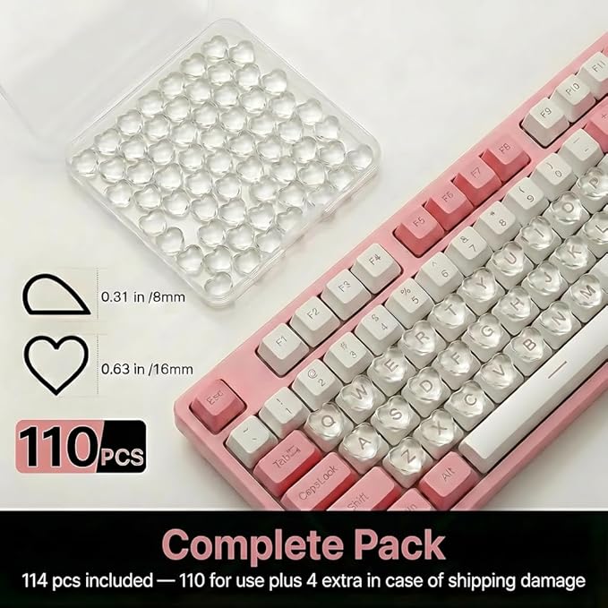 110pcs Keyboard Bubbles for Long Nails, Raised Glass Heart Key Covers, No-Residue, Reusable, Easy to Apply, Universal Keyboard Stickers for Desktop Keyboards, External Keyboards, Calculators