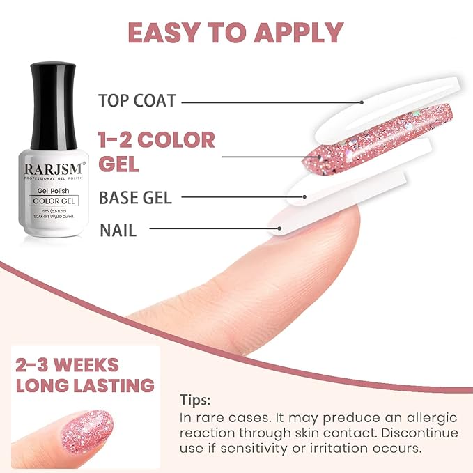 RARJSM Glitter Gel Nail Polish Light Pink Sparkly Iridescent Rainbow Shimmer Holographic Nail Gelpolish Soak off L e d U V Curing Required High Pigments for Home Salon Manicure Nail Art 15ml