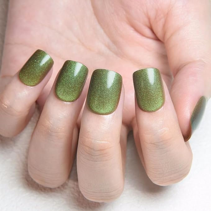 evpct Light Green Cat Eye Extra Short Press on Nails Square, Petite Short Square Stick on Nails for Women Gift, Light Green Metallic Glitter Glossy Reusable Gel Press on Acrylic Fake Nail with Designs