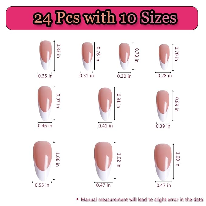 24pcs French Tip Medium Almond Press On Nails, Reusable Nail Kit with Nail Glue Adhesive Tabs Mini Nail File, 10 Sizes