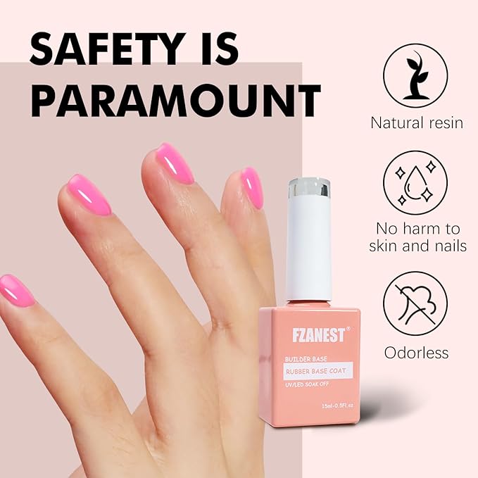 FZANEST Hot Pink Builder Rubber Base Gel, 5 in 1 Builder Gel For Nails Enhance Extension Repair Self-leveling in a Bottle Elastic Rubber Base Coat